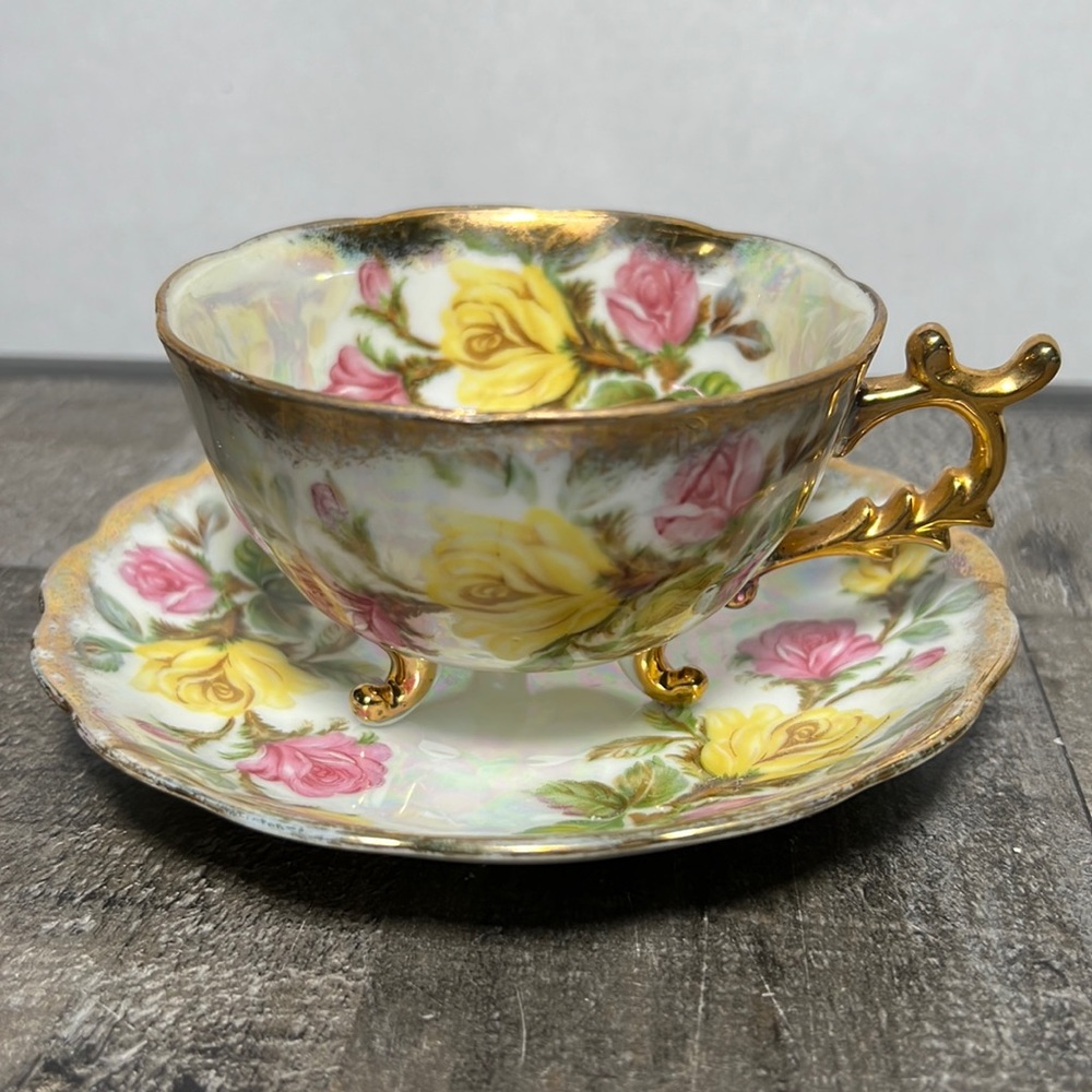 Vintage Fan Crest Japan Teacup & Saucer Lusterware Iridescent Roses Floral #1977